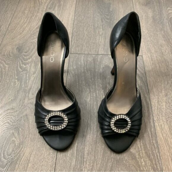 Aldo Women's Open toe Pumps Heels Leather Black Crystal Embellishment detail - Picture 9 of 16